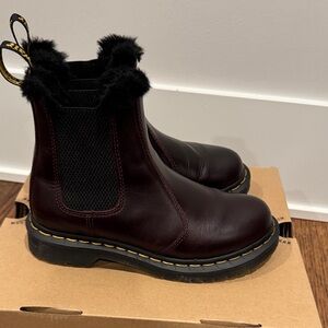 Dr. Martens Dark Burgundy Leather Boots with Black Fur Trim
